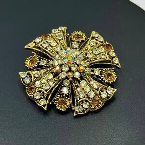Vintage Stacked‎ Domed Round Gold, Bronze & Brown Rhinestone AB Brooch